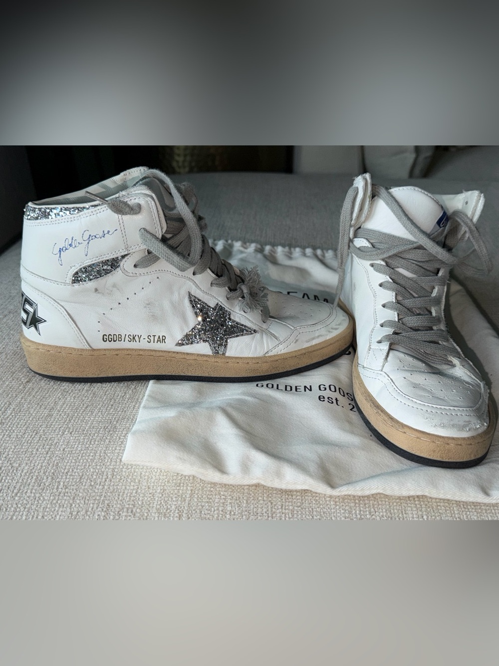 Golden Goose Cream High-Top Sneakers with Silver Glitter Star Accent - Picture 3 of 7